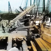 Geo McQuesten loading timber at docks